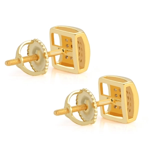 Square hip-hop S925 sterling silver stud earrings in gold with secure screw-back design