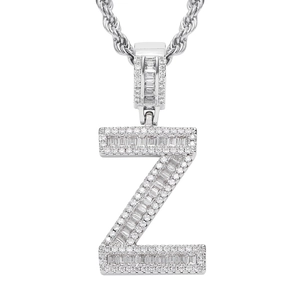 Close-up of hip hop silver letter Z pendant with iced-out zircon on rope chain