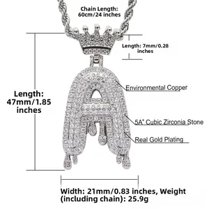 Detail view of crown letter A pendant with dimensions 47x21mm and real gold plating