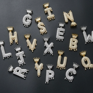 Hip hop style gold and silver crown drip letter pendants with micro-pave zircons
