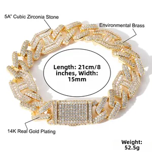 Détail du bracelet gourmette homme 15mm plaqué or 14K avec pierres zircons 5A+