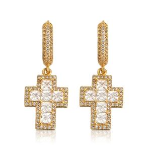 Boucles d'oreilles hip hop dorées avec pendentif croix en zircone cubique carrée et ronde