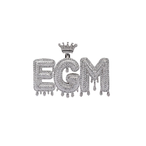 Hip hop crown EGM letter pendant with zircon inlay and silver dripping water design