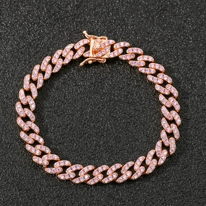 Bracciale Hip Hop Singola Fila Zirconia Rosa Maglia Cubana per Uomo Donna Rame Placcato Oro Rosa Gioielli Iced Out