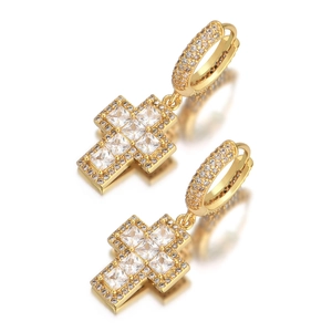 Boucles d'oreilles croix en or glacé avec zircons cubiques pour style hip hop urbain