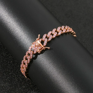 Bracciale Cuban Link da 9mm con zirconi rosa in finitura oro rosa per uomo e per donna