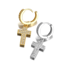 Hiphop Creolen mit doppelreihigem Zirkonia-Kreuzanhänger in Gold und Silber