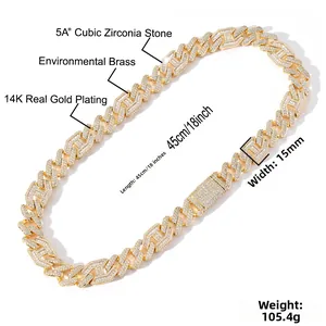 Detailed view of 15mm wide 14K gold plated Cuban link necklace with 5A cubic zirconia stones
