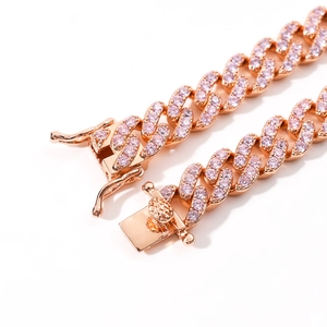 Bracciale cubano in oro rosa con zirconi rosa da 9 mm e chiusura a cassetta di sicurezza