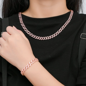 Set collana e bracciale cubano da uomo 9mm con zirconi rosa in oro rosa hip hop
