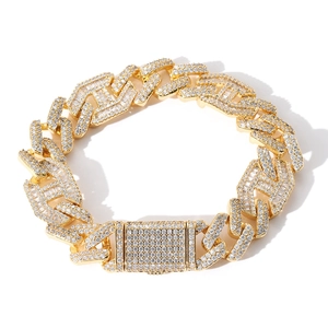 Bracelet cubain hip-hop doré de 15mm orné de zircons cubiques brillants avec fermoir large