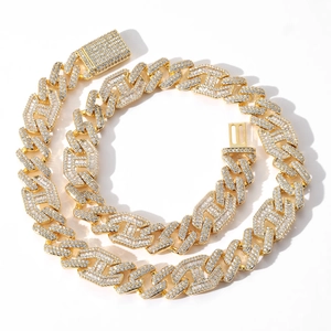 15mm gold Cuban link chain necklace with iced out crystals and flat clasp closure