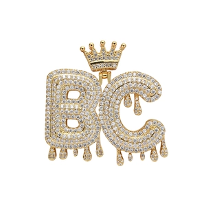 Hip hop crown BC letter pendant with gold dripping effect and sparkling zirconia crystals