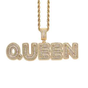 Hip hop χρυσό κολιέ με μενταγιόν QUEEN, ζιργκόν μπαγκέτα και στριφτή αλυσίδα σχοινί