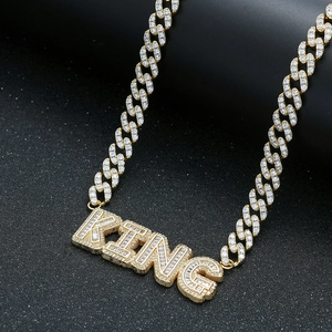 Iced out gold plated Cuban chain necklace with KING letter pendant and CZ stones