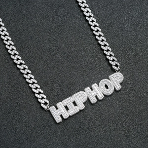 Iced out square zircon HIPHOP letter pendant necklace with 9mm cuban link chain