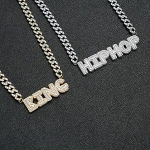 Iced out square zircon hip hop letter necklaces on a 9mm Cuban chain for men and women