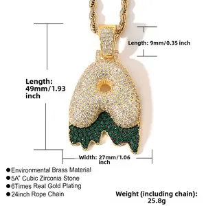 Detail view of hip hop bubble letter A pendant with green lava drip and 5A cubic zirconia