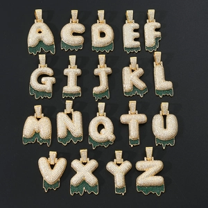 Hip-hop gold-plated bubble letter pendants with green lava stones and zircon paving