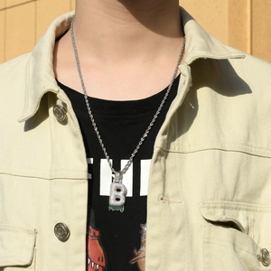 Hip hop bubble letter B pendant with white zircon micro-paving and green dripping lava effect