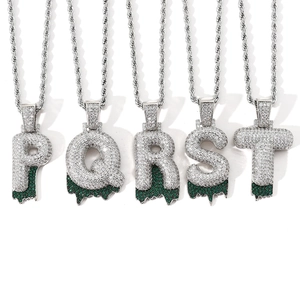 Hip hop zircon bubble letters P to T necklace with green lava drip and rope chain set