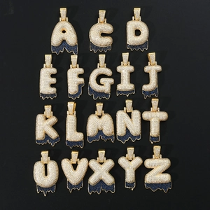 Hip hop bubble letter pendants with blue lava drip design and white zircon inlays