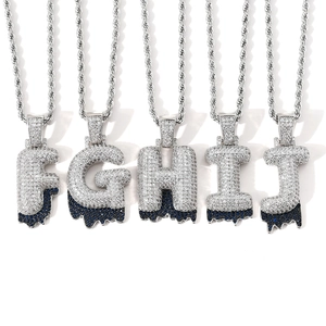 Hip-hop letter pendants with white zircon and blue lava drip detail on rope chains