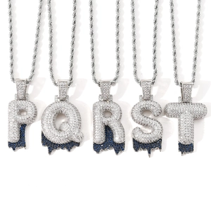 Hip hop silver bubble letter pendant with blue dripping lava effect and zircons