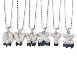 Hip hop silver alphabet pendants U-Z with sparkling zircons and blue lava drip details
