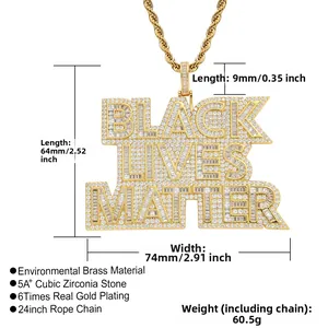 Detail showing Black Lives Matter hip hop pendant with micro-paved cubic zirconia
