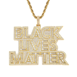 Gold hip hop necklace with Black Lives Matter pendant paved with cubic zirconia stones