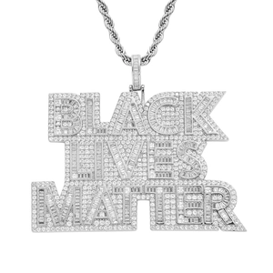 Hip hop Black Lives Matter pendant necklace with baguette cubic zirconia in silver tone