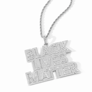Black Lives Matter slogan pendant with cubic zirconia and silver rope chain for hip hop style