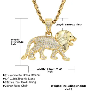 Detailed size specifications for the gold-plated lion head pendant with 5A+ zircon stones