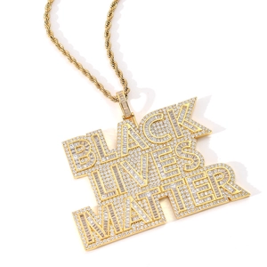 Gold-plated Black Lives Matter hip hop pendant necklace with iced-out pave cubic zirconia