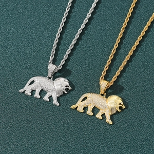 Men Hip Hop Lion Head Pendant Necklace Copper 18K Gold Silver Plated Micro Inlaid Zirconia Animal Necklace Stainless Steel Rope Chain Jewelry