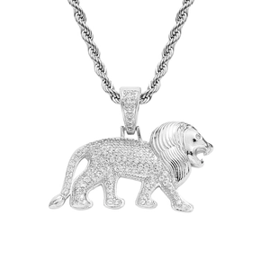 Iced out silver lion head pendant with micro paved cubic zirconia on twisted rope chain