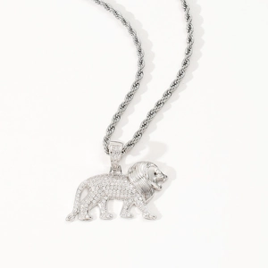 Hip hop style silver lion head pendant necklace with white zircons and rope chain for men