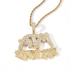Collar hip hop para hombre con colgante ATM dorado con circonitas y cadena de cordón