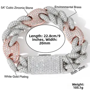 Detailed view of 20mm two-tone Cuban chain bracelet with pavé-set 5A+ cubic zirconia stones