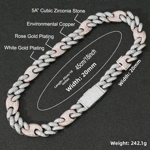 Macro detail of 20mm hip hop Cuban link chain with full 5A+ cubic zirconia pave setting