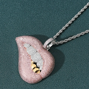 Collier pendentif lèvres sexy hip hop avec zircone rose et chaîne en corde torsadée