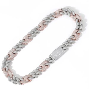 Detail of 20mm two-tone hip hop Cuban chain with coffee bean links and full zircon inlay