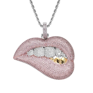 Collier hiphop avec pendentif lèvres sexy serti de zircons cubiques roses et blancs