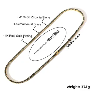 Nahaufnahme der 4mm schwarzen Zirkonia-Tenniskette mit 14K Vergoldung und Maßen