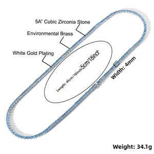 Detail of 4mm blue zircon tennis chain in silver plating showing 45cm length and weight