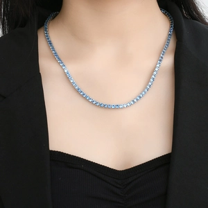 Classic 4mm tennis necklace featuring light blue aquamarine zircon on silver metal chain