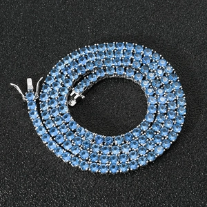 4mm cyan blue zircon tennis chain necklace with silver prong setting for men and women