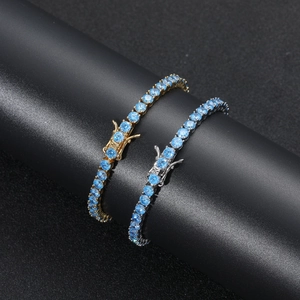 Detail of 4mm blue zircon tennis chains with silver and gold plating and secure clasps