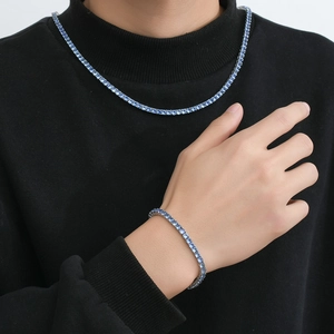 Hip-Hop Silber Tennis Halskette und Armband Set mit 4mm runden blauen Zirkonia Steinen